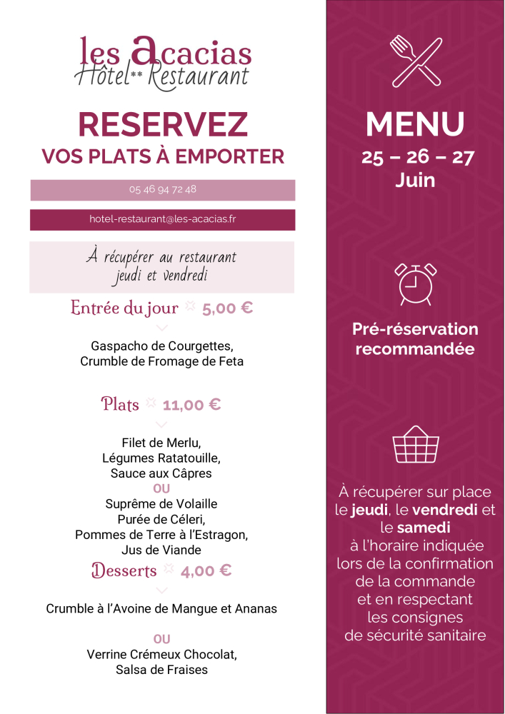 Carte des plats à emporter au restaurant gastronomique à Corme Royal