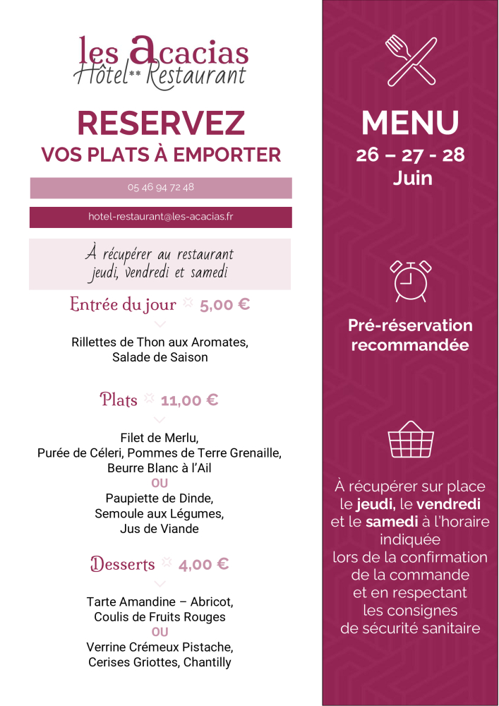 Takeaway menu at the gourmet restaurant in Corme Royal