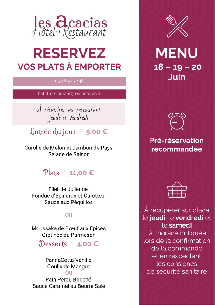 Carte des plats à emporter au restaurant gastronomique à Corme Royal