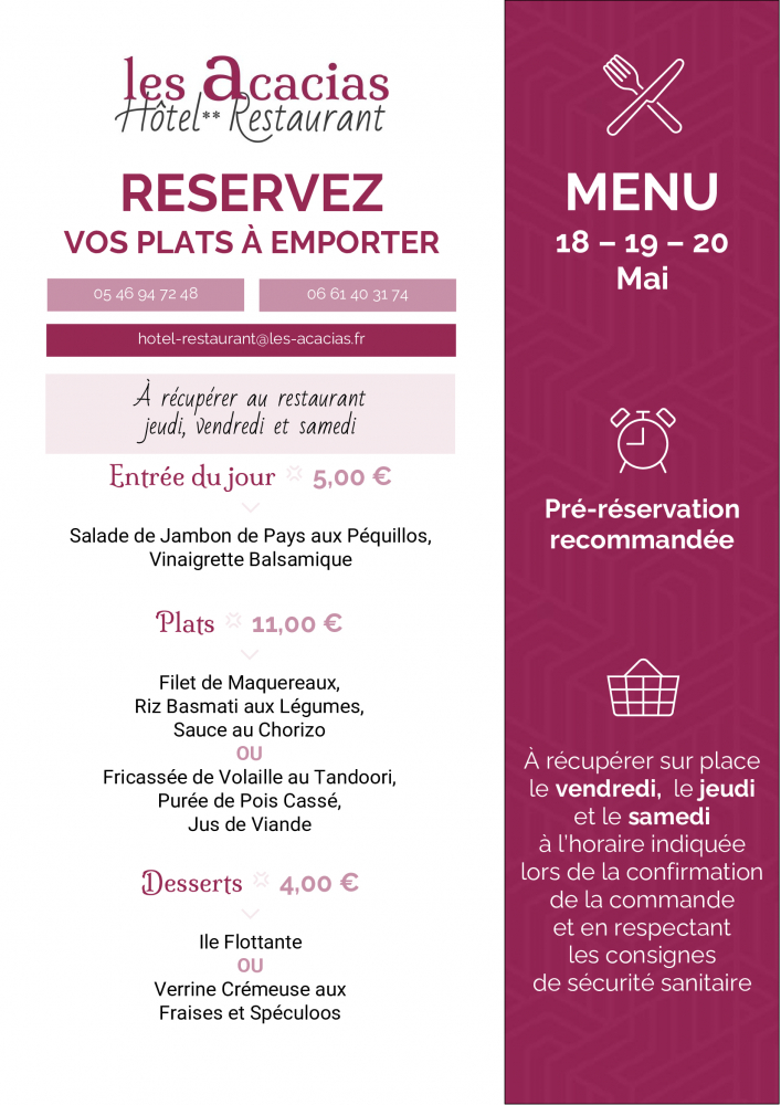 Carte des plats à emporter au restaurant gastronomique à Corme Royal