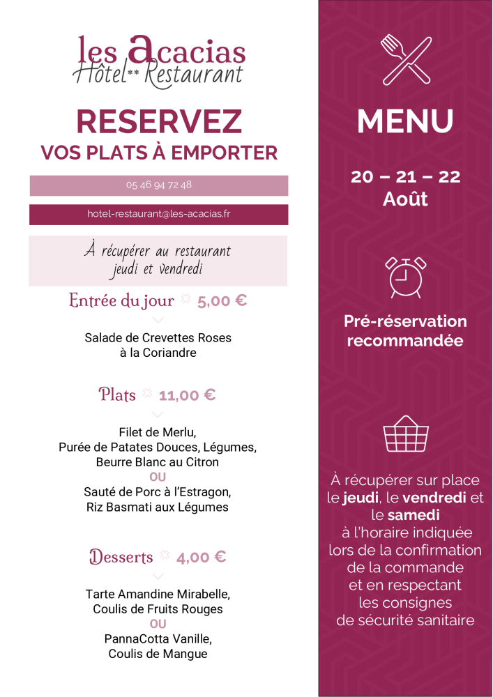 Carte des plats à emporter au restaurant gastronomique à Corme Royal