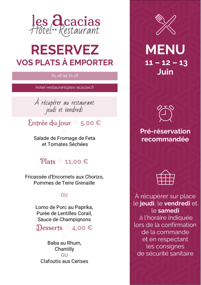 Takeaway menu at the gourmet restaurant in Corme Royal