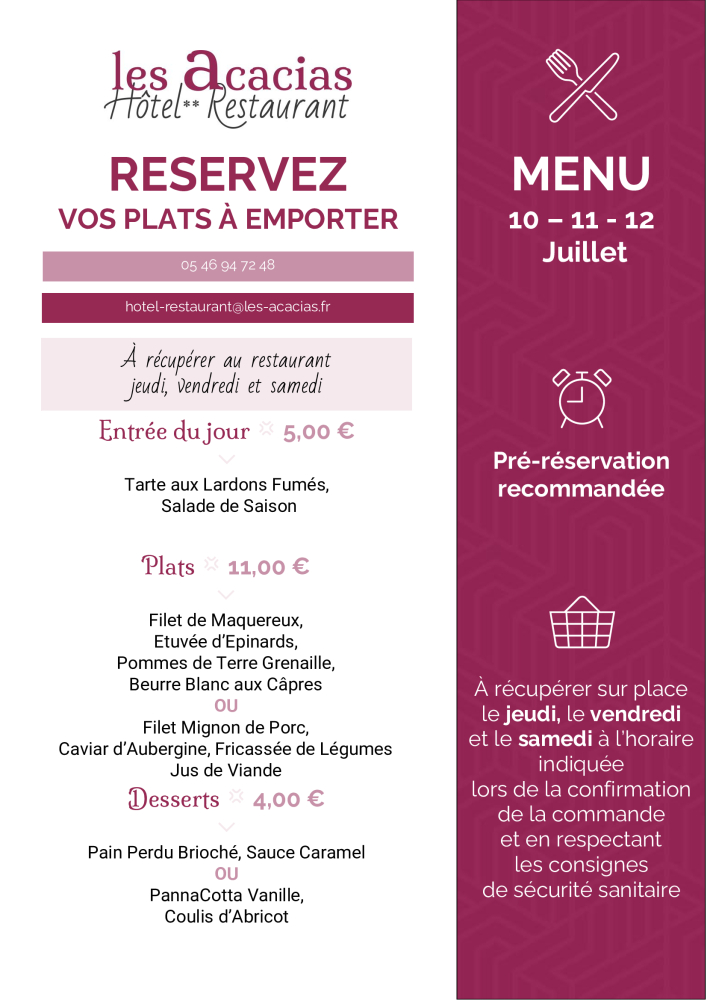 Carte des plats à emporter au restaurant gastronomique à Corme Royal