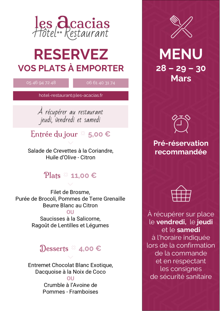 Takeaway menu at the gourmet restaurant in Corme Royal