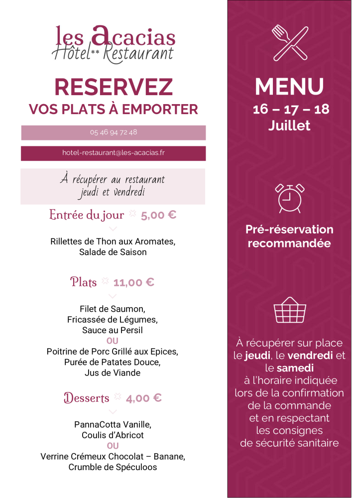 Carte des plats à emporter au restaurant gastronomique à Corme Royal