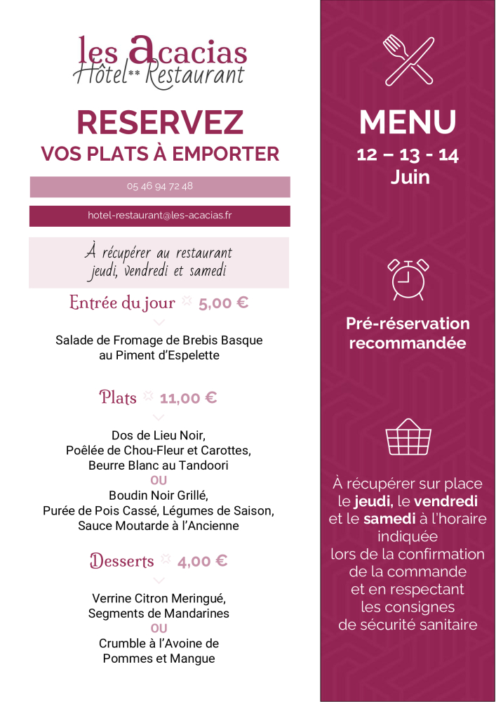 Carte des plats à emporter au restaurant gastronomique à Corme Royal