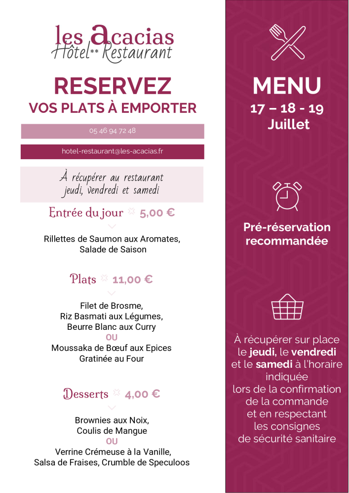 Takeaway menu at the gourmet restaurant in Corme Royal
