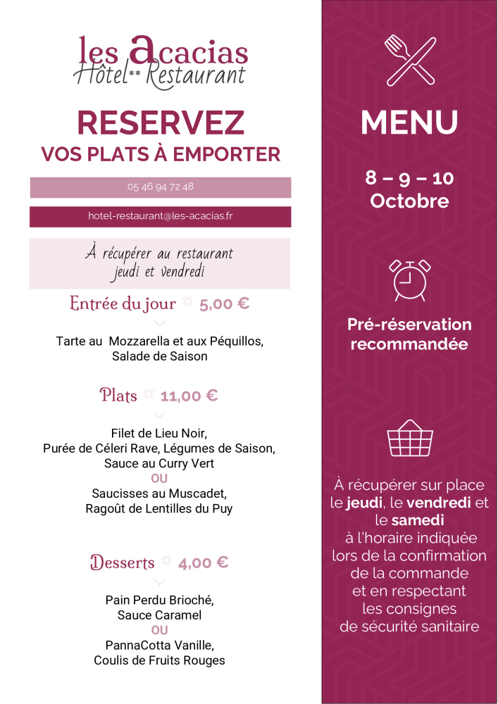 Carte des plats à emporter au restaurant gastronomique à Corme Royal